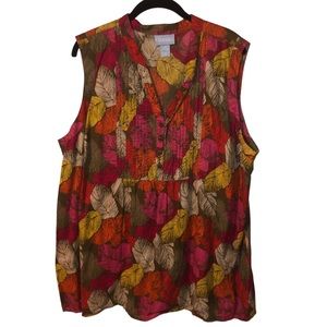 Liz & Me 2X Shirt Pleated Yellow Orange Brown Leaf Print Pullover Sleeveless